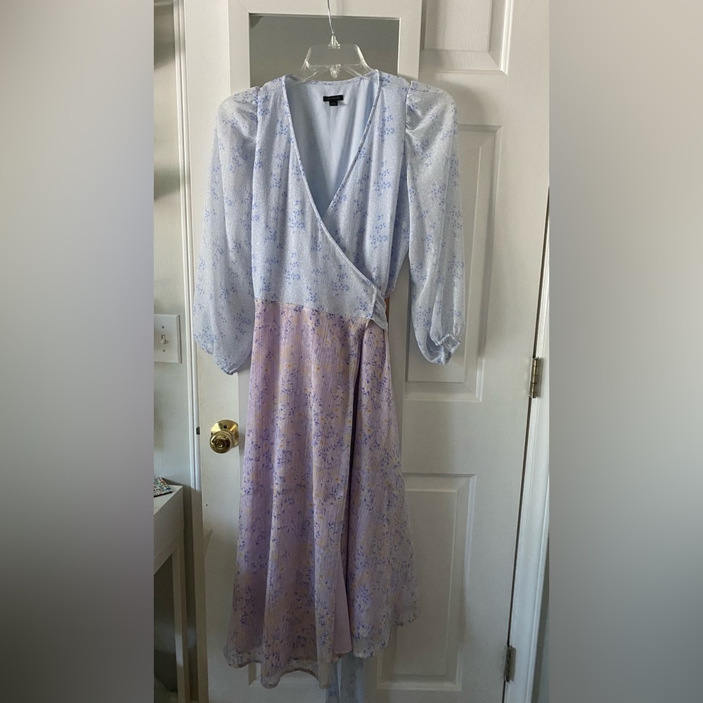 Ann Taylor Blue Maxi Dress with Bishop Sleeves and V-Neck